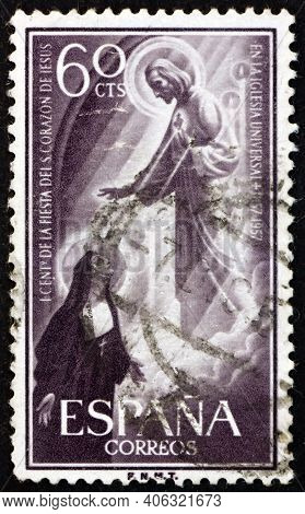 Spain - Circa 1957: A Stamp Printed In Spain Shows St. Marguerite Alacoque's Vision Of Jesus, Centen