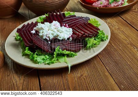 Patzaria Salata, Greek-style Beet Salad Close Up Appetizer Food