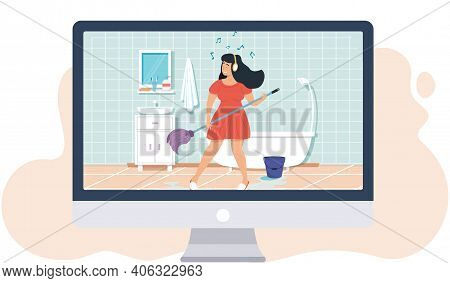 Girl Doing House Cleaning Sings And Dances Washes Floor With Mop Illustration On Monitor Screen. You