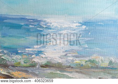 Abstract Blue Sea Background With Oil Paint. Summer Art Background. Natural Light Blue Texture Of Th