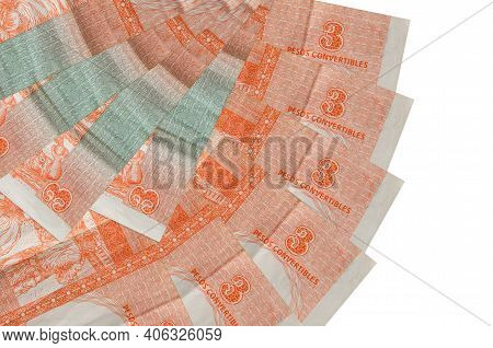 3 Cuban Pesos Convertibles Bills Lies Isolated On White Background With Copy Space Stacked In Fan Sh