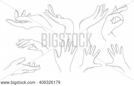 Set Of Vector Hands Line Illustration Of Young Women. Collection Of Hand Drawing In Doodle Stile. Lo