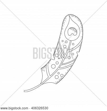 Vector Doodle Feather. Hand Drawn Monochrome Illustration Of Feather