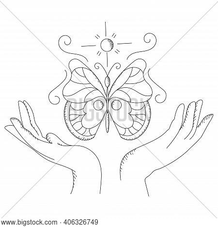 Vector Line Butterfly Illustration For Coloring. Magic Stock Illustration Of Butterfly With Sun And 