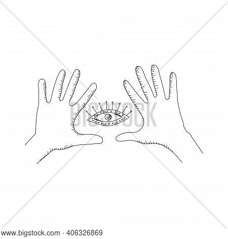 Two Vector Hands Illustration With Magic Eye. Spell Or Curse Gesture Of Hand. Prediction Symbol