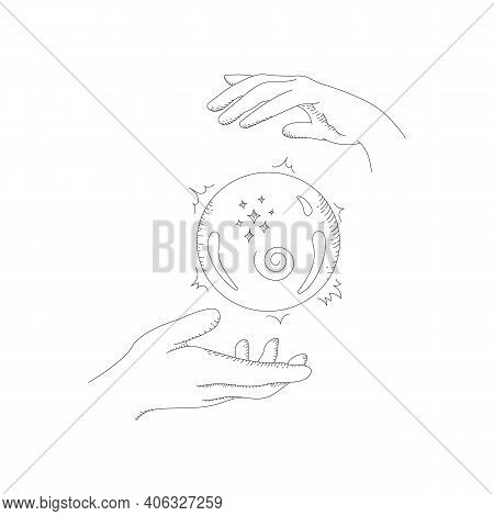 Vector Doodle Hands And Crystal Ball. Fortune Telling. Esoteric Illustration.