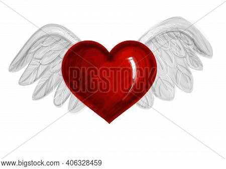 Red Heart With White Wings. Time For Love A Red Heart. Valentines Day Background White Pattern. Illu
