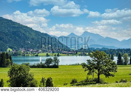 Lake Walchsee Near Koessen At The Wilder And Zahmer Kaiser In Tirol, Austria.