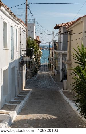 Small Street With Sea Background And Green Plant. Dreamy With Little Balconys