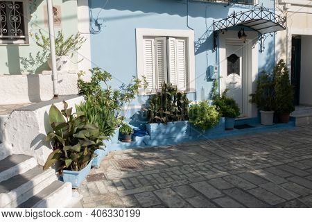 Small Street With Sea Background And Green Plant. Dreamy With Little Balconys