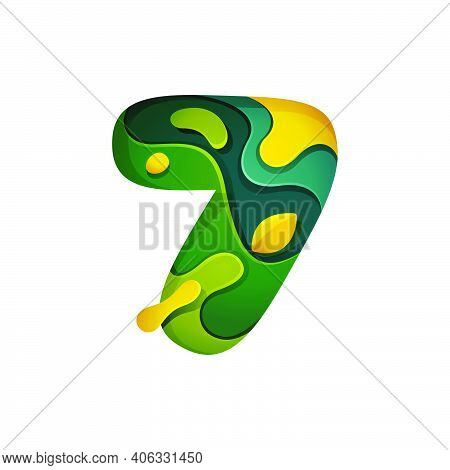 Paper Cut Number Seven Logo. Layer Carving Style Effect Icon. Green Origami Element Perfect For Agri