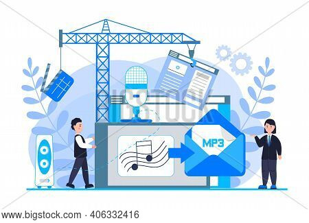Mp3 Converter Concept With Tiny People. Screen With Changing Or Converting Process Of Document To An
