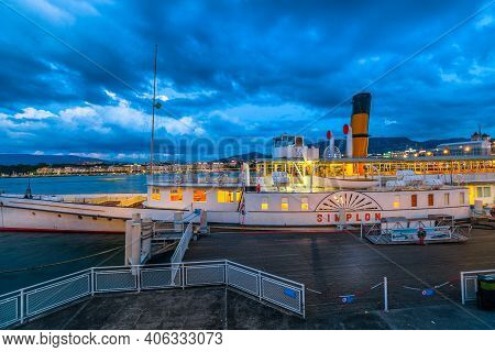 Geneva, Switzerland - Aug 14, 2020: The Steam Boat Simplon At The Pier In Quai Du Mont-blanc Ferry T