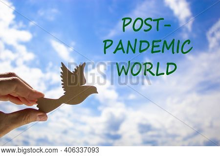 Post-pandemic World Symbol. Man Hand Holding Wooden Bird On Cloud Blue Sky Background. Words 'post-p