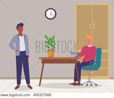 Businessmen Talking At Workplace. Office Work, Partnership Flat Vector Illustration. Company Staff C