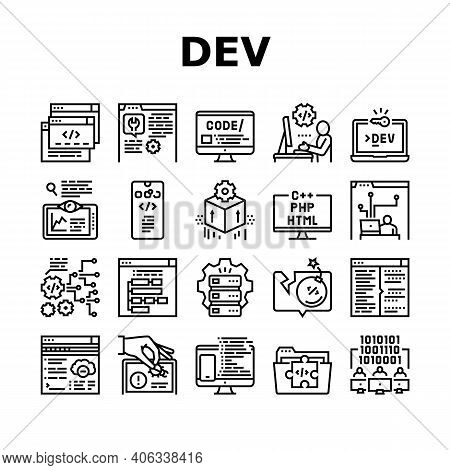 Dev Code Occupation Collection Icons Set Vector. Dev Application And Software, Hacking And Coding, D