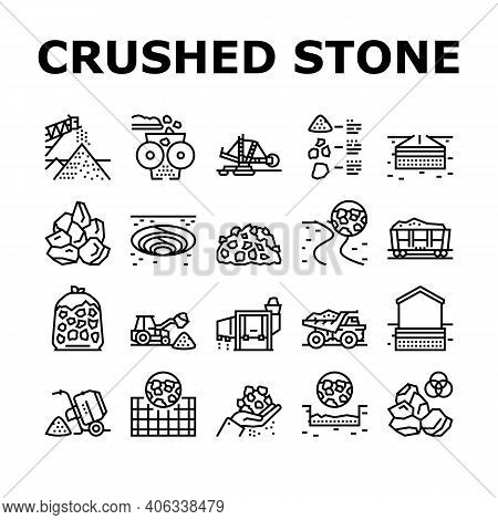 Crushed Stone Mining Collection Icons Set Vector. Heavy Machinery And Excavator, Dump Truck And Rail