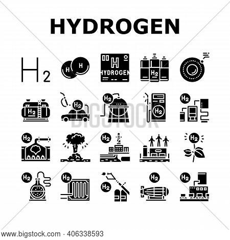 Hydrogen Industry Collection Icons Set Vector. Hydrogen Eco Energy Industrial Plant And Manufacturin