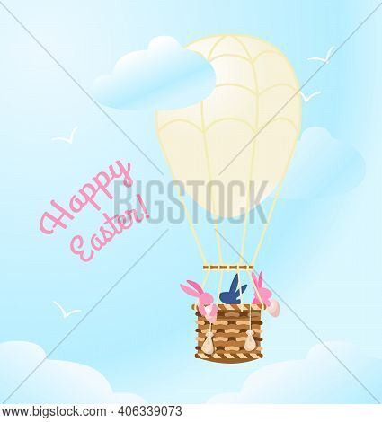 Vector Creative Happy Easter Postcard.  Easter Bunnies Travelling In A Hot Air Balloon Throwing Eggs