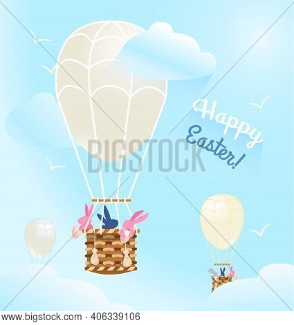 Vector Creative Happy Easter Postcard.  Easter Bunnies Travelling In A Hot Air Balloon Collecting Eg