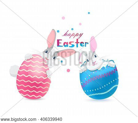Happy Easter  Vector Greeting Card With Two Funny Bunnies In And Behind Colorful Egg.