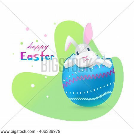 Easter Bunny Sitting In Eggshell. Happy Easter Greeting Vector Card.