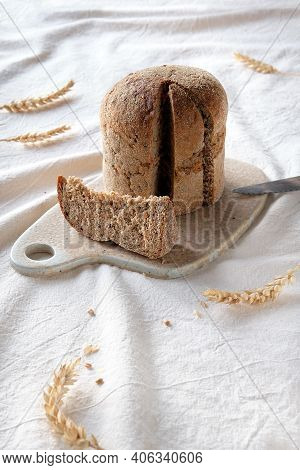 Dinkelbrot In German That Means Spelt Bread. Loaf Of Wholemeal Dinkel Rye Bread. Off White, Ivory Te