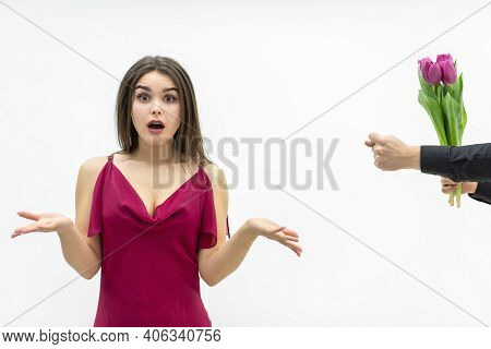 Human Emotions And Feelings. Lovely Female Is Confused To Get The Zilch Sign Instead Of Flowers From