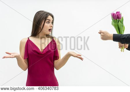 Human Emotions And Feelings. Lovely Female Is Confused To Get The Zilch Sign Instead Of Flowers From