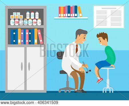 Neuropathologist Examining Patient Use Reflex Hammer Vector Flat Illustration. Boy Visits Doctor Dur