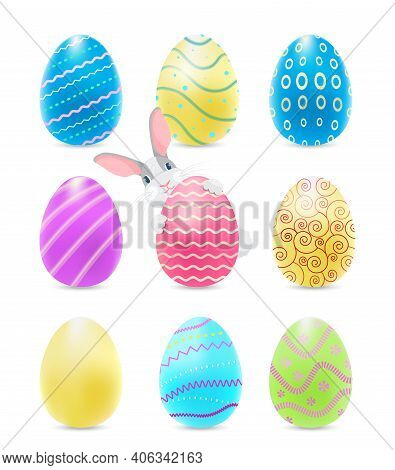 Vector Set Of Colorful Easter Eggs With Bunny Looking Out From Behind One Of Them.