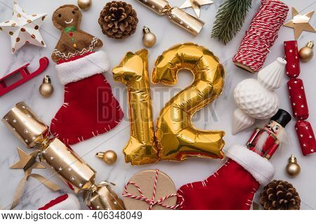 12 Days Of Christmas. 12th Day Flaylay Balloon With Festive Decorations