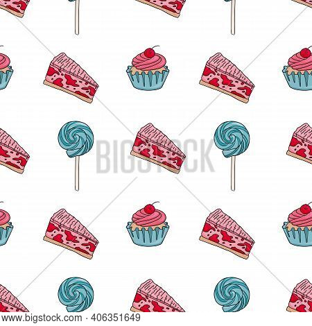 Seamless Vector Sweets Patterns. Stock Repeat Pattern With Lollipop Cake And Cupcake.
