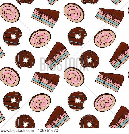 Chocolate Donuts And Cakes Seamless Repeat Pattern. Stock Sweets Pattern For Wrapping Paper Packagin