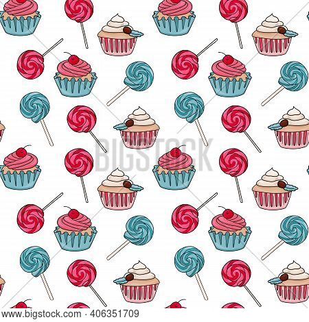 Seamless Vector Sweets Patterns. Stock Repeat Pattern With Lollipop And Cupcake On White Background.