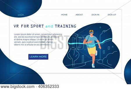 Virtual Reality For Sports And Training Landing Page Template Vector Desigh. Running Man In Vr Heads