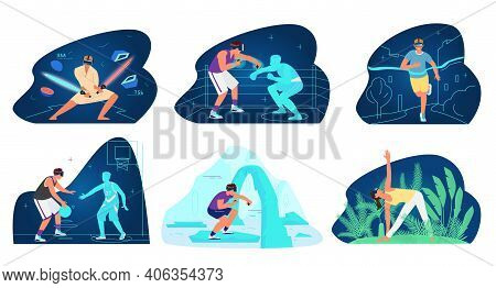 Vr For Sport And Training People Vector Set. Men And Women In Vr Headset Exercising And Doing Sports