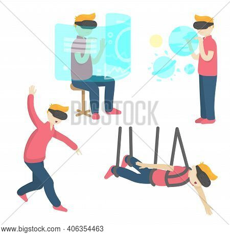 Vector Set Of Boy Wearing Virtual Reality Glasses In Different Situations: Touching Virtual Interfac