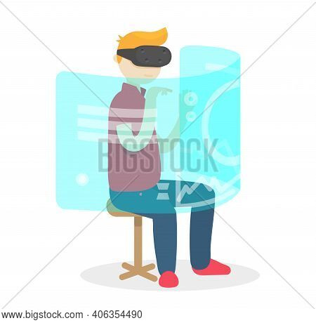 Vector Illustration Of Boy Wearing Virtual Reality Glasses Touching Virtual Interface. Future Distan