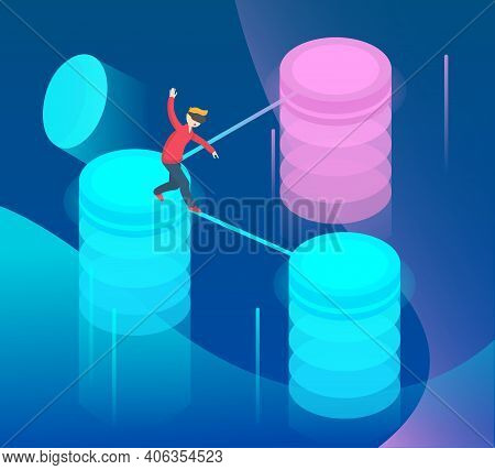 Vector Illustration Of Boy Playing In Virtual World, Walking A Tightrope Between Luminescent Posts.