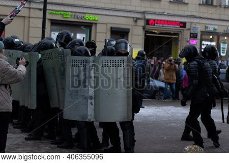 Saint Petersburg, Russia - 31 January 2021: Police Force Armed On Street, Omon Squad Fights Protest,