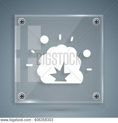 White Bomb Explosion With Shrapnel And Fireball Icon Isolated On Grey Background. Square Glass Panel