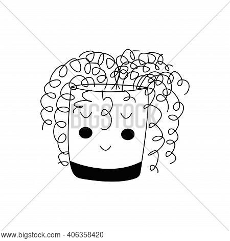 Houseplant In A Pot In The Shape Of A Cute Face. Curly Potted Plant. Black And White Vector Illustra