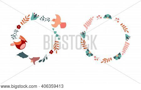 Collection Of Stock Frames With Birds And Flowers. Vector Decorative Round Frame With Stylised Flowe