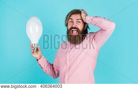 Oh My God. Innovation. Happy Bearded Man Holding Lamp Bulb. Creative Idea. Inspired With New Idea. M
