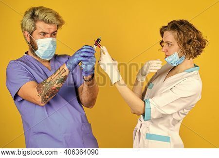 Injection In Hospital. Stop Coronavirus. Virus Infection Injection Vaccine. Doctors Wear Respirator 