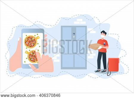 Pizza Contactless Delivery Vector Illustration. Pizza Ordering Via App. Touchless Safe Pizza Home De