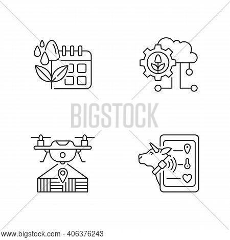 Smart Farm Linear Icons Set. Irrigation Scheduling. Cloud Computing. Drone Mapping. Electronic Syste