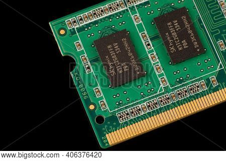 Lviv, Ukraine - January 04, 2021: Ram For Laptop On A Black Background