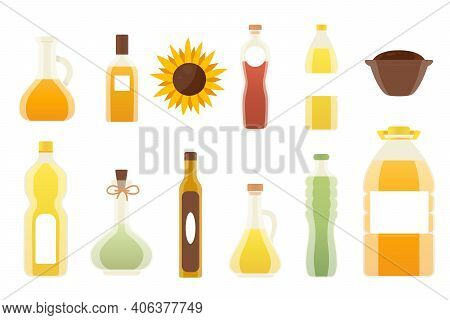 Vector Oil Bottles Illustrations. Sunflower, Olive, Corn, Seed, Walnut, Avocado Oil. Isolated Cartoo